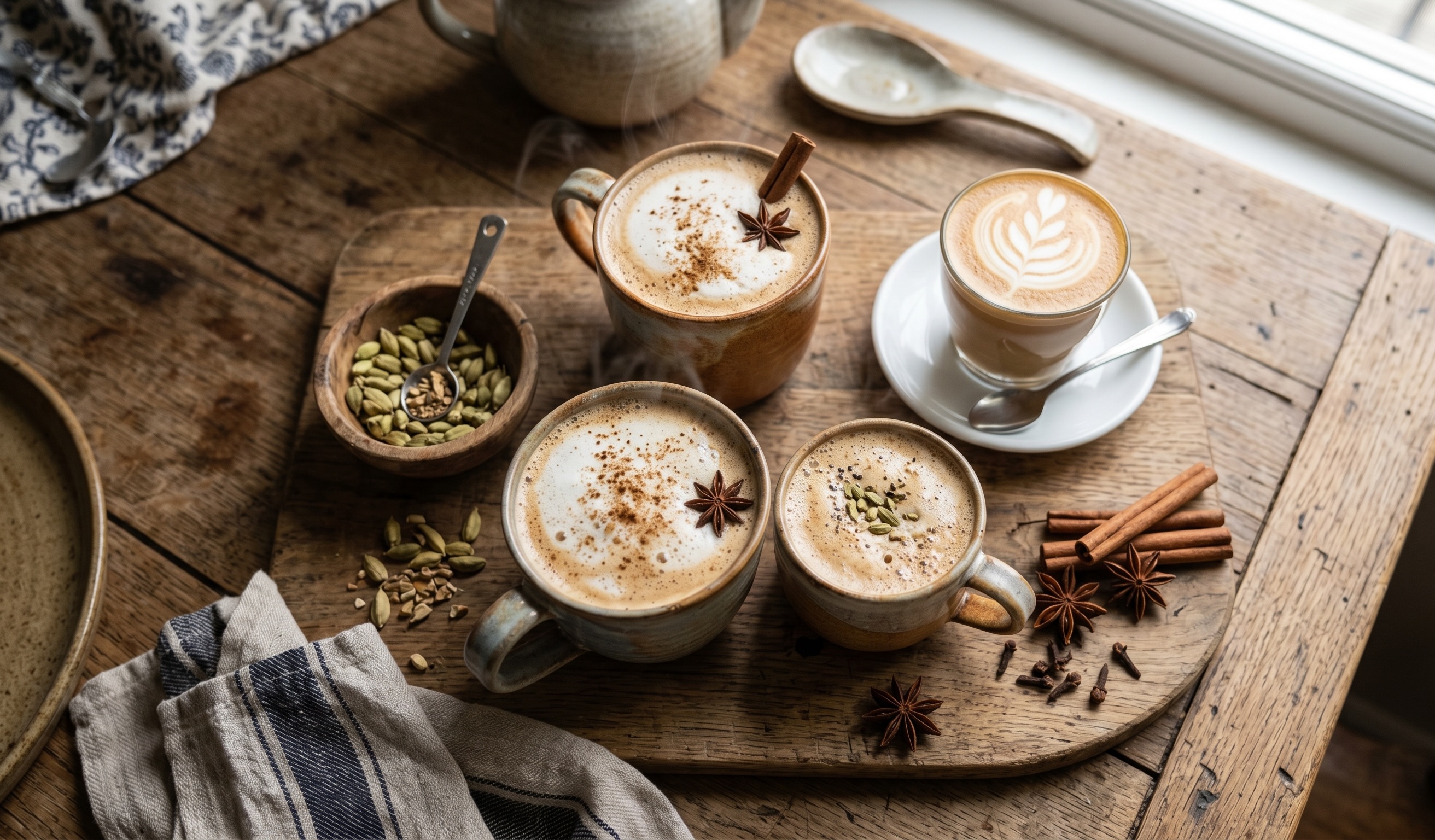 Cardamom spiced lattes on a rustic wooden table